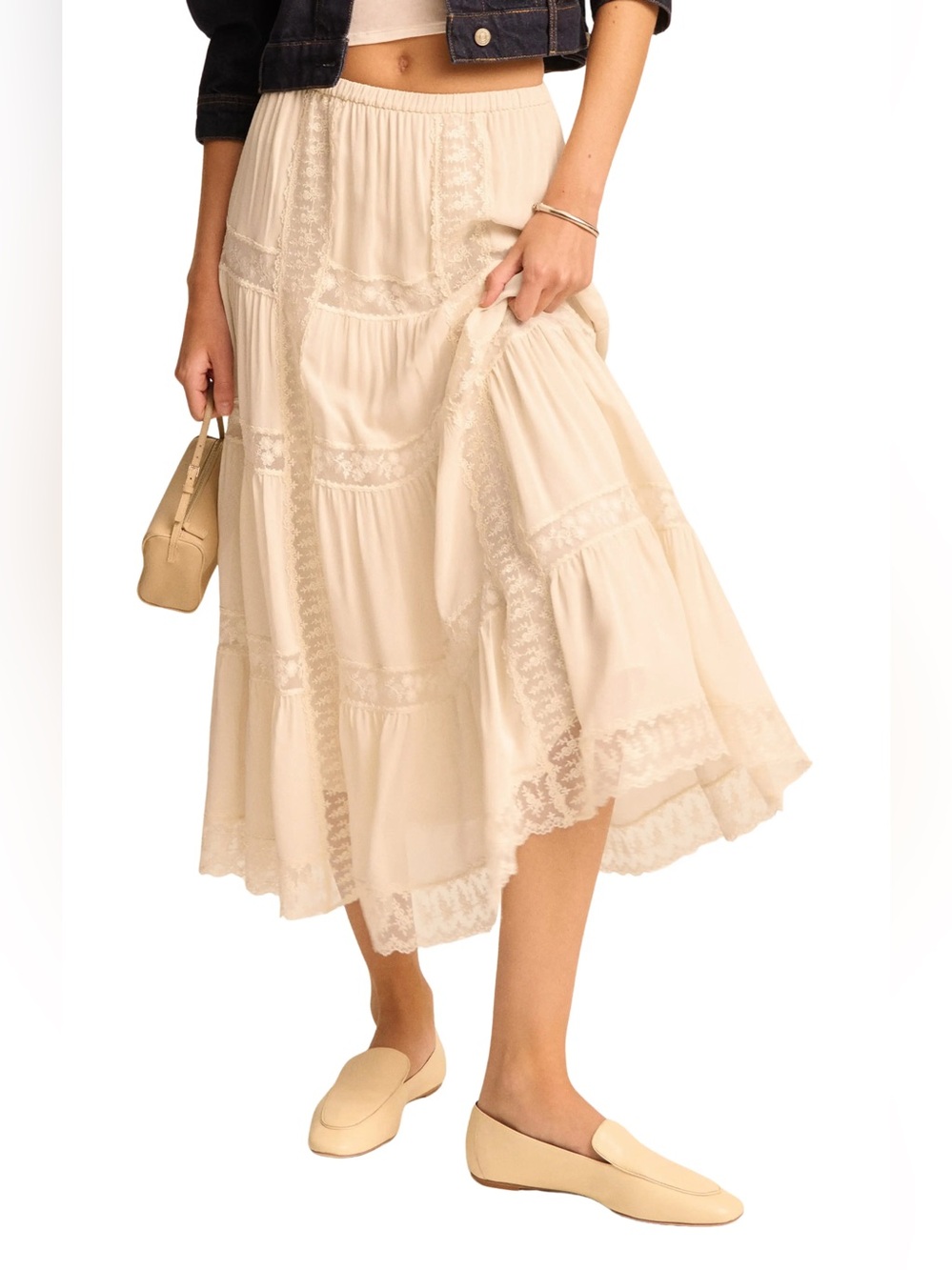 Reformation Maevie Lace Inset Tiered Skirt Cream Size 0